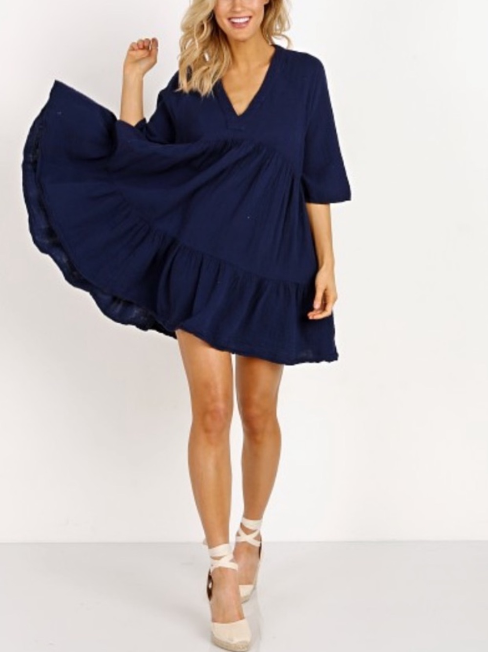 9seed Medium Navy Blue V Neck Dress Short Sleeve Ruffle Tiered Gauze Lagenlook
